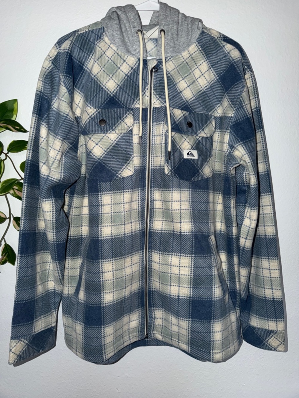 Quiksilver Blue & Cream Plaid Zip-Up Hooded Fleece